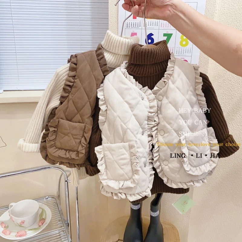 

01-Girls' Autumn Winter Outfit Baby Vest Outerwear New Autumn Children's Lace Vest Fleece Lined Warm Clothing Versatile
