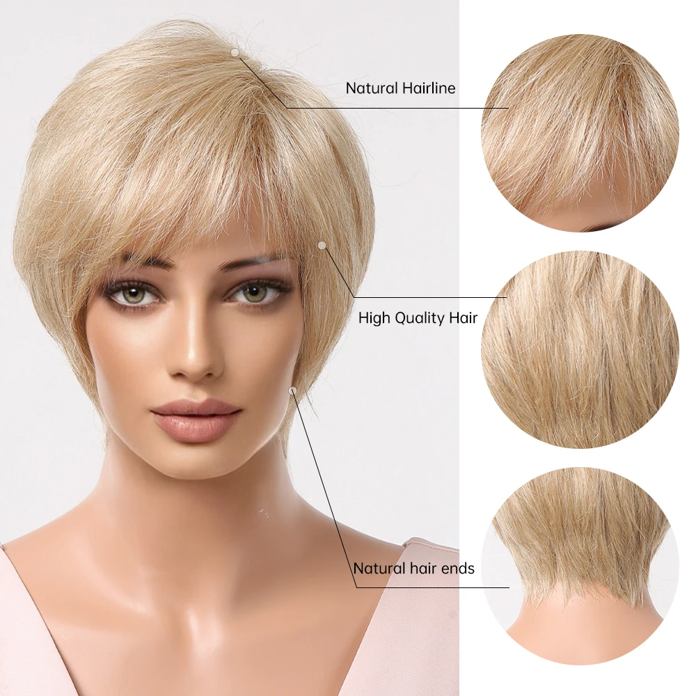 Perucas sintéticas cortadas Pixie para mulheres, loura curta 613, cabelo liso dourado claro com franja, 30% mistura humana, afro, africano