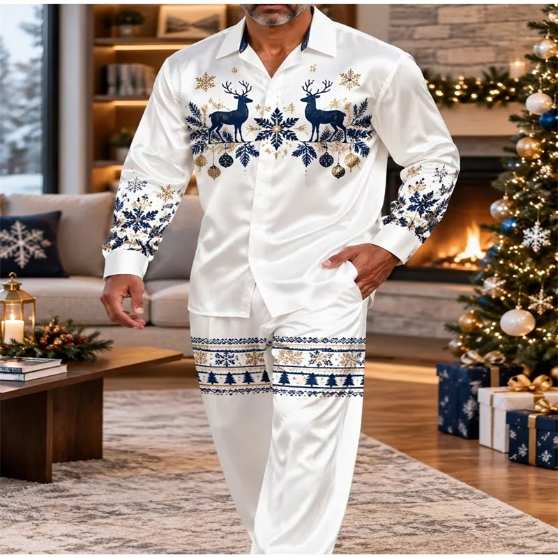 Men Silk Satin Xmas Pyjama Set Lapel Long Sleeve Top Pants Blue Elk Snowflake Tree Print Festive Sleepwear Homewear Christmas Ni