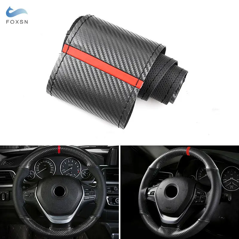 Universal 38CM Black Carbon Fiber + Perforated Leather Splice - Red strip Steering Wheel Hand Braid Cover Interior Accessories