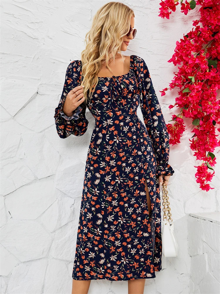 

BKMGC Elegant Dark Blue Floral Printed Square Collar Side Split Dress For Women Summer Autumn Boho Bohemian Hippie Vintage 6500