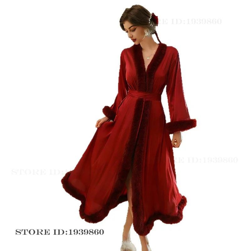 Sexy Bride Wedding Robe Dress Elegant Feather Long Bathrobe Nightgown Spring New Luxury Satin Sleepwear Women Homewear Pajama image 5