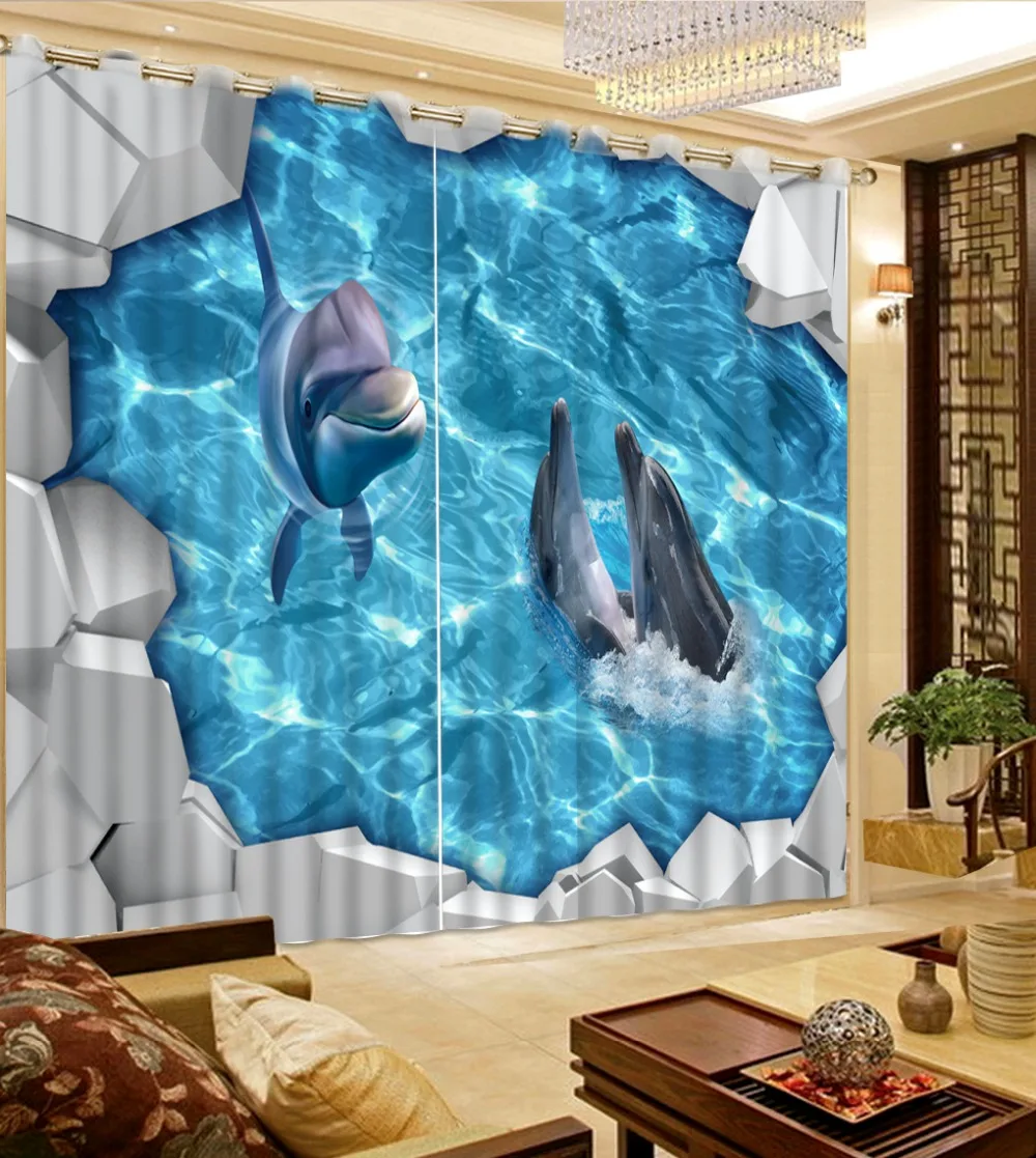 Luxury European Modern ocean dolphin Bedroom Living Room Kitchen Home Textile Luxury 3D Window Curtains