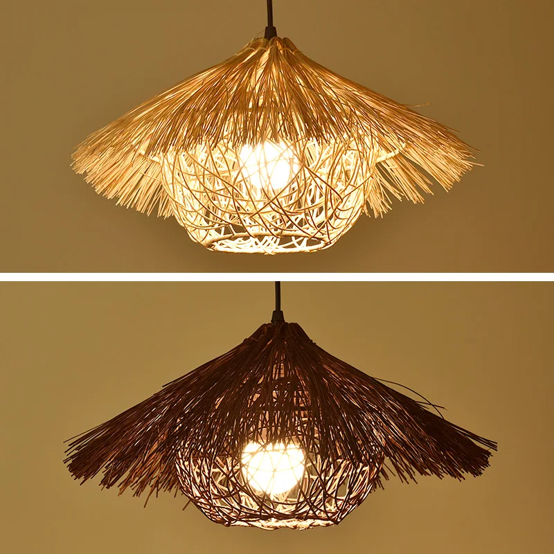 Designer Creative Straw Hat Woven Rattan Pendant Lamp Retro Restaurant Dining Table Art Personalized Decoration Light Fixture