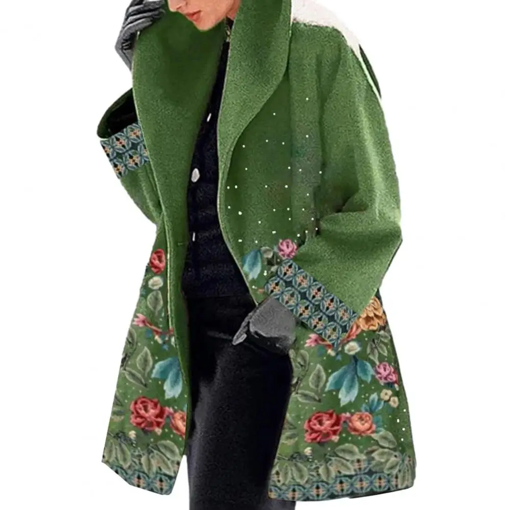 

Women Fall Winter Flower Print Loose Thick Warm Long Sleeve Plus Size Mid Length Turn-down Collar Elegant Style Coat