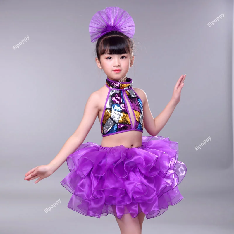 Latin dance Children's dance dress Girls Jazz Modern Show dress Boys Show Sequined Pompadour dress Summer 2024