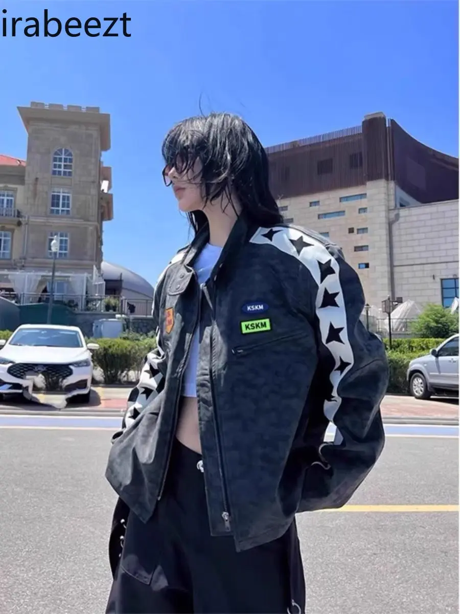 Niche American Street PU Leather Spring and Autumn Motorcycle Pentagram Icon Embroidered Jacket Couple Coat Men and Women