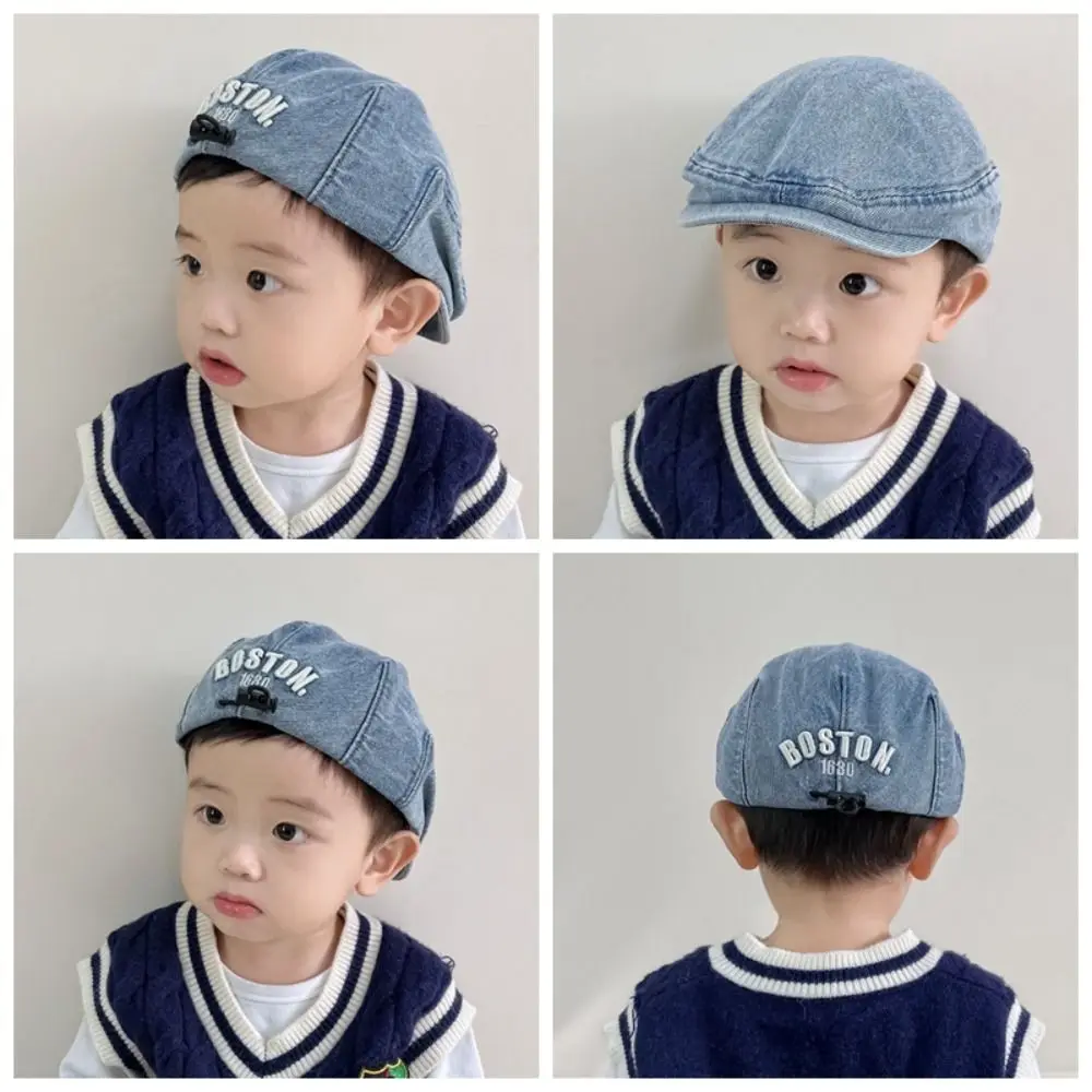 Retro Solid Color Kids Denim Beret Embroidered Letter Drawstring Peaked Cap Forward Hat Harajuku Newsboy Cap Travel