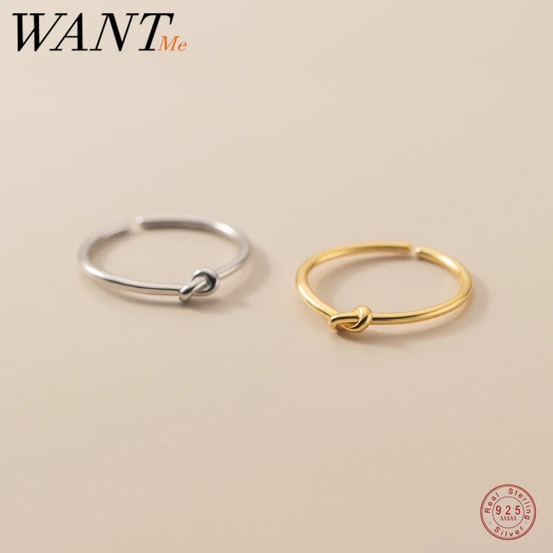 WANTME 925 Sterling Silver Simple Twist Statement Gold Opening Adjustable Ring for Women Fashion Classic Punk Party Jewelry Gift