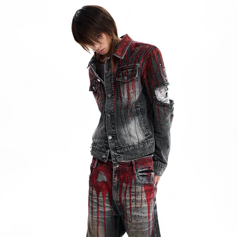 LUZHEN 2026 New Original Vintage Style Wornout Stripe Tie-dyed Design Denim Jacket Men's Fashion Diamond Decorate Jeans JY9064
