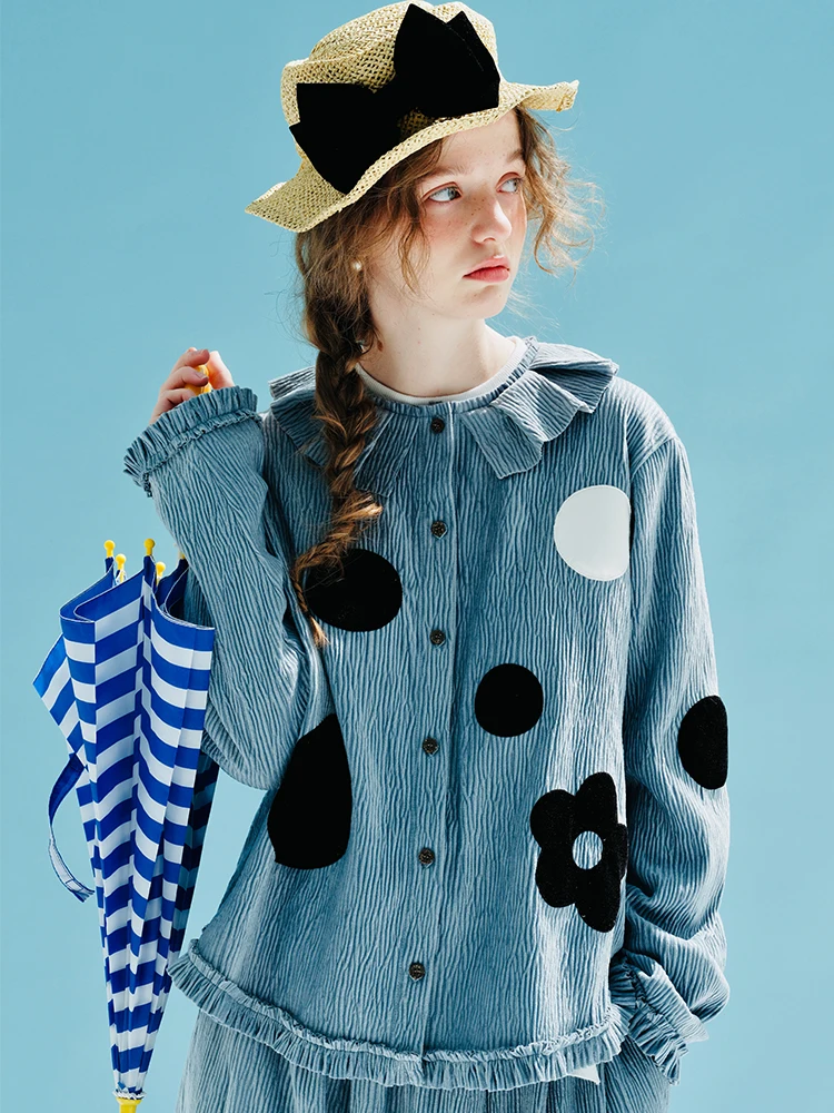 Spring 2023 imakokoni Original Pullover Printed Polka Dot Thick velvet pressed ruffle collar Shirt Long sleeve blue shirt 234014