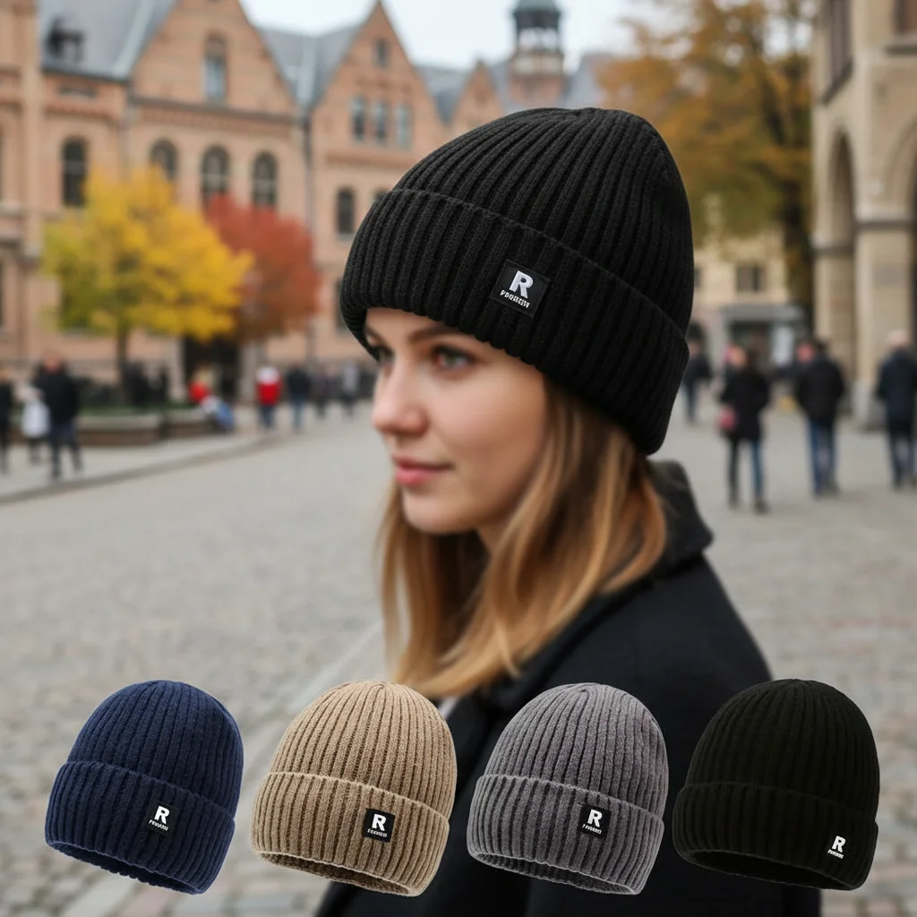 

Warm Fleece Lined Knitted Winter Hat for Men Ear Protection Knitwear Fashionable Solid Color Overhead Cap Cyclist Cover 1pcs