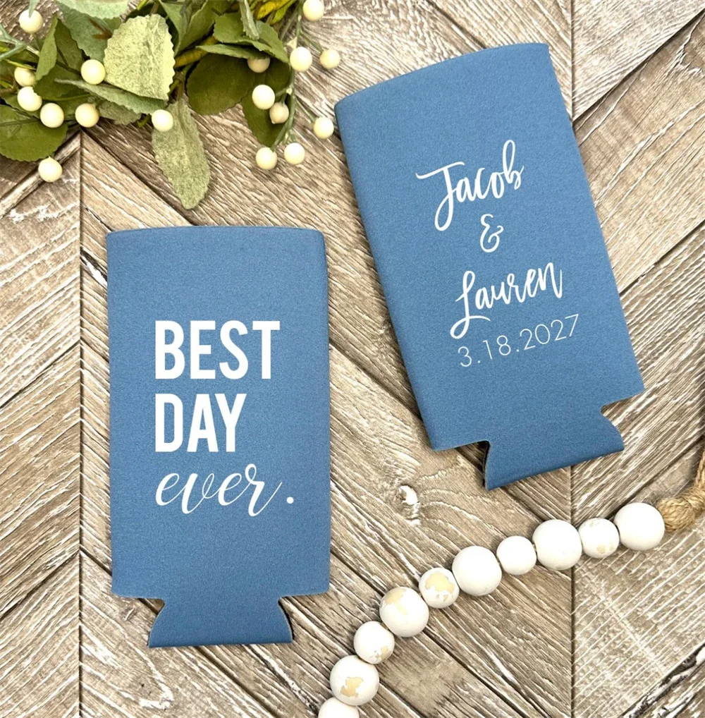 Slim 12oz Custom Wedding Can Coolers, Custom Best Day Ever Can Coolers, Personalized Drink Holders, Custom Wedding Gift KWE-100