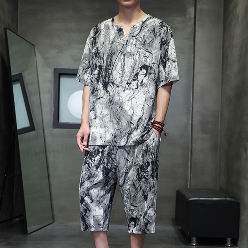 Chinese Retro Ice Silk 2 Piece Set Short Sleeved Sets Men Summer Breathable T-shirts+Capri Pants Suit Social Casual Streetwear