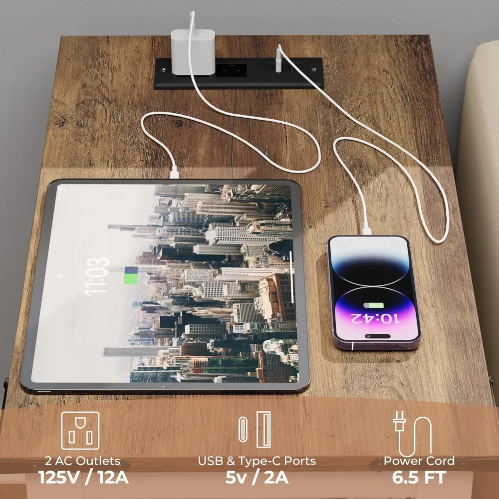 Meja Nakas Gaya Pedesaan dengan Stasiun Pengisian Daya dan Dua Laci, Meja Samping Tempat Tidur Model Pintu Gudang dengan Rak, Meja Samping Bergaya Pedesaan