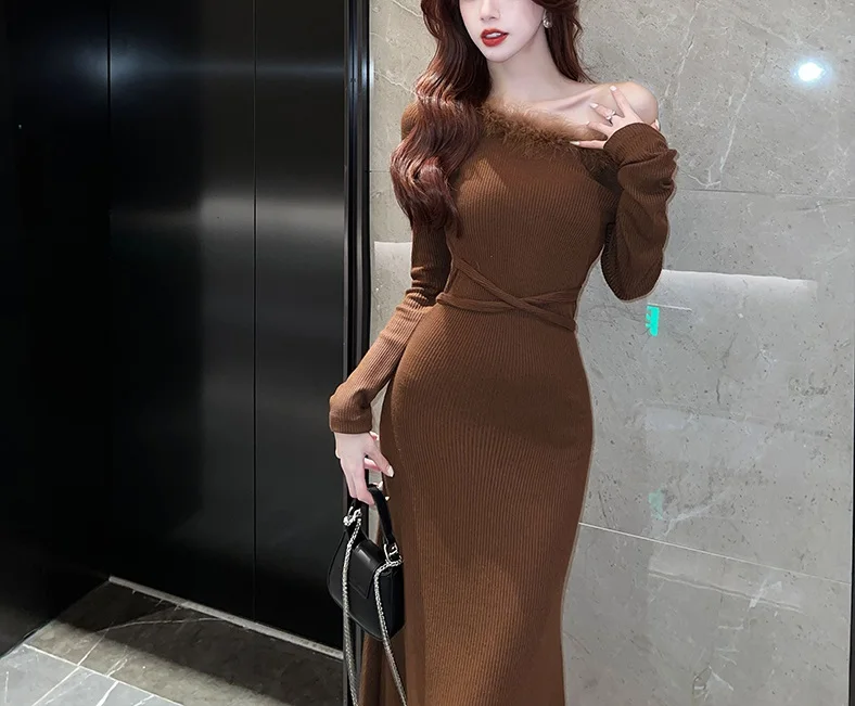 

Real Time Spicy Girl Sexy Off Shoulder Dress Women's One Shoulder High Grade Fur Splice Temperament Long Dress