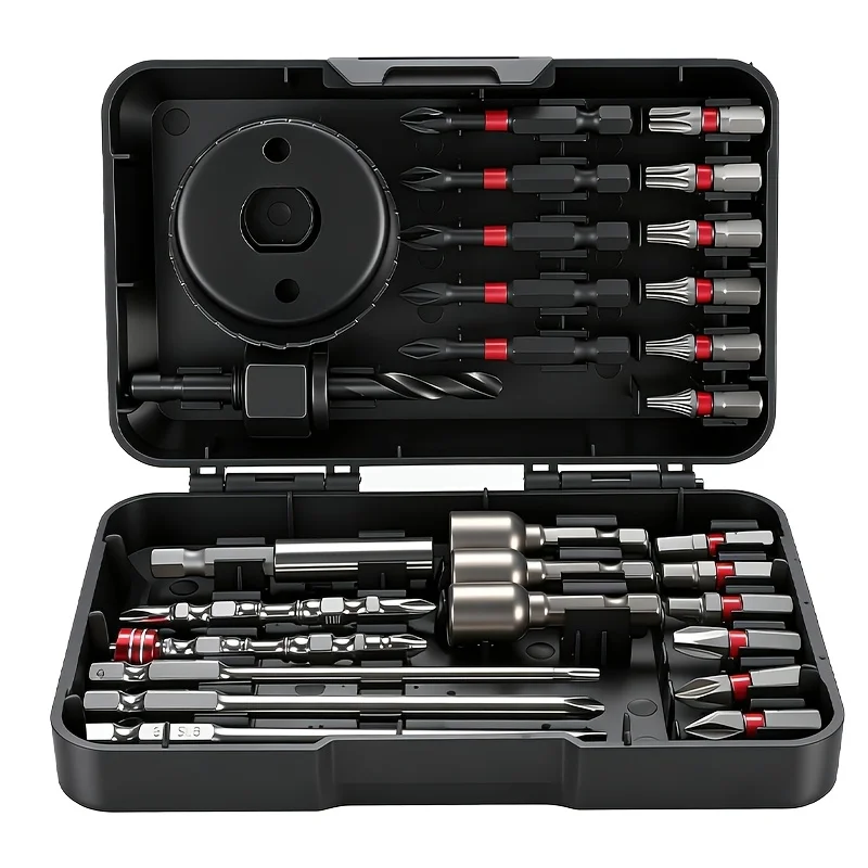27Pcs Impact Driver Bit Set with Hole Saw & Magnetic Nut Drivers, S2 Steel 1/4