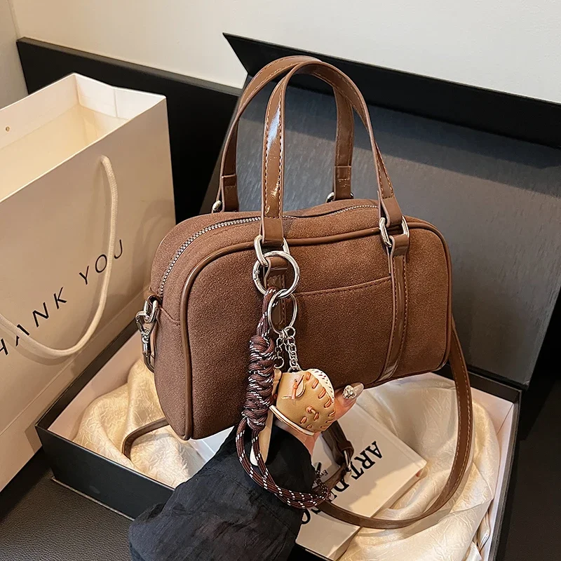 

Classic Boston Handbag Women's Bag Vintage Nubuck Leather Shoulder Crossbody Bag Femme Luxury Purple Hand Bag 2025 Winter Bolsas