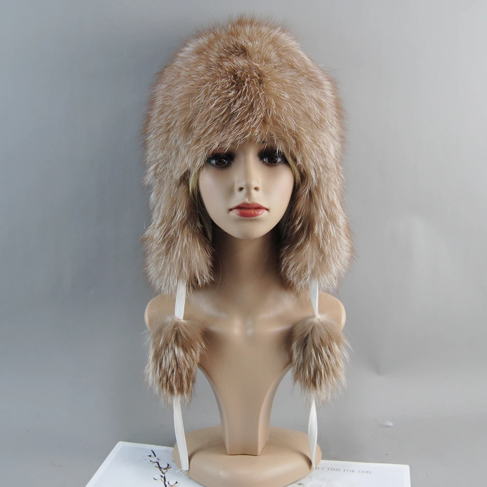 2024 New Lady Winter Knitted Real Fox Fur Bomber Cap Warm Soft Fox Fur Beanies Hats Luxury Women 100% Natural Real Fox Fur Hat