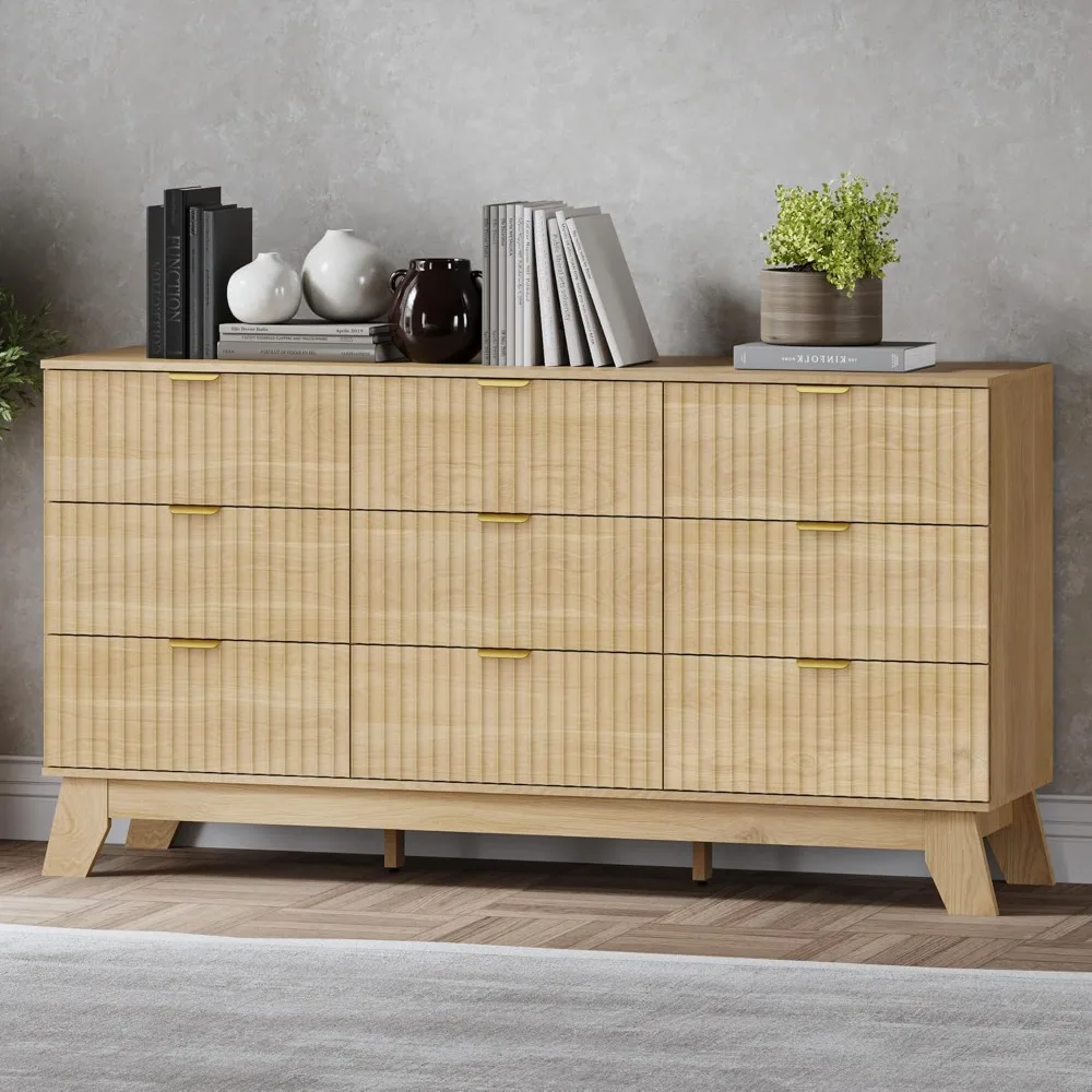 

Fluted 9 Drawer Dresser, 57.1" Wide Modern Boho Chest of Drawers, Wooden Storage Dresser TV Stand for Bedroom, Living Room, Clos