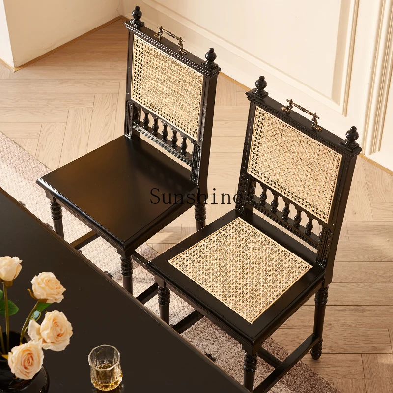 

French retro solid wood dining chair household rattan dining table and chair combination