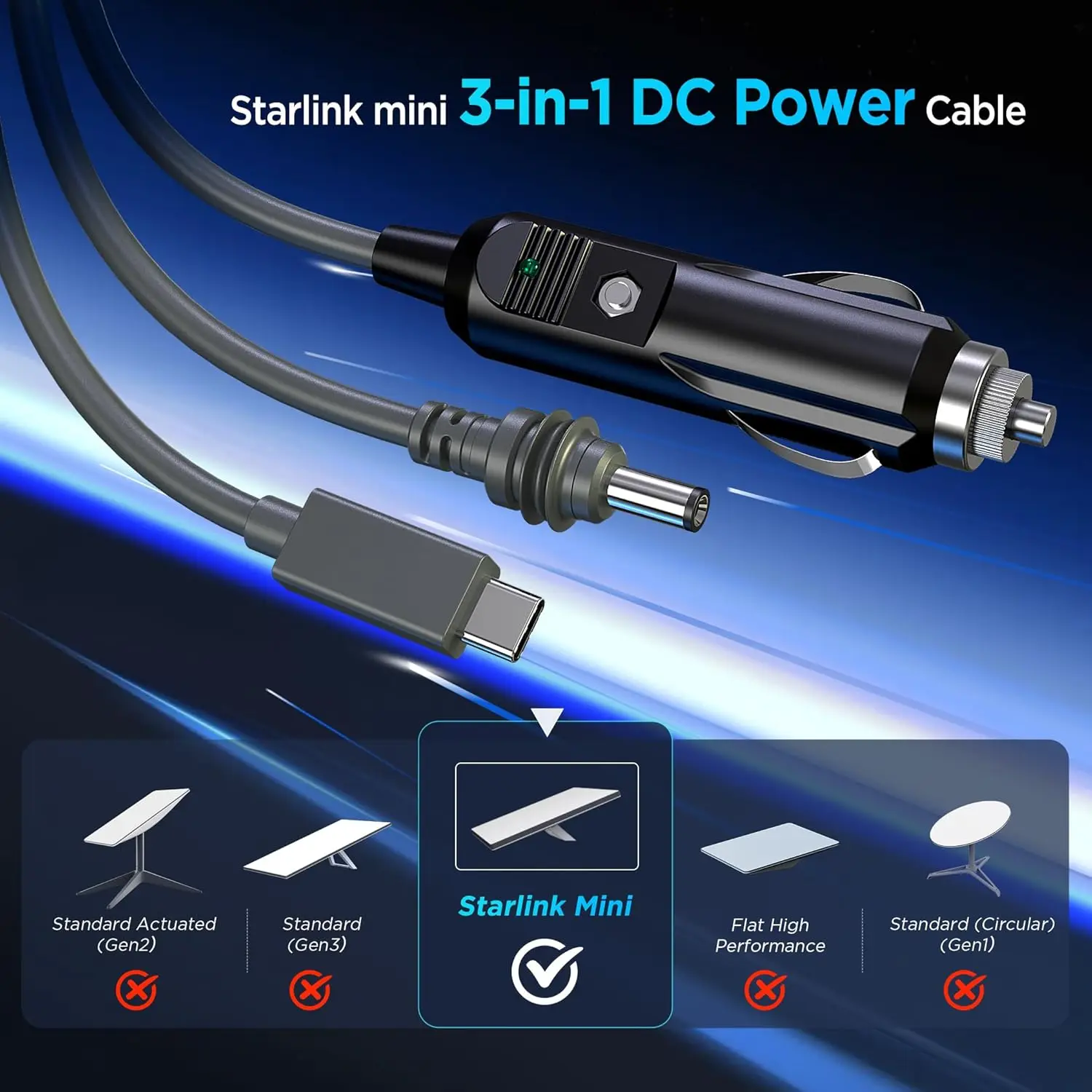 Starlink Mini 3 in 1 DC Power Cable 16.4FT 100W USB C 12-24V Cigarette Lighter Plug and DC Male Power Cable Cord