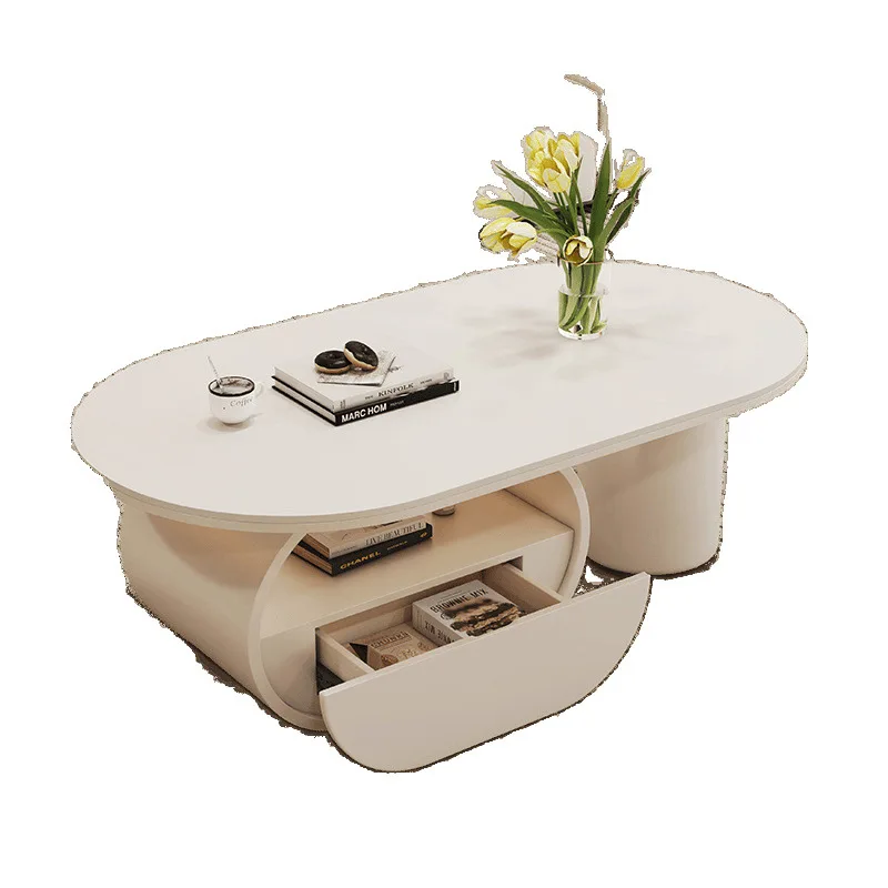 

Oval small apartment with cabinet household simple living room premium Italian cream rock slab coffee table