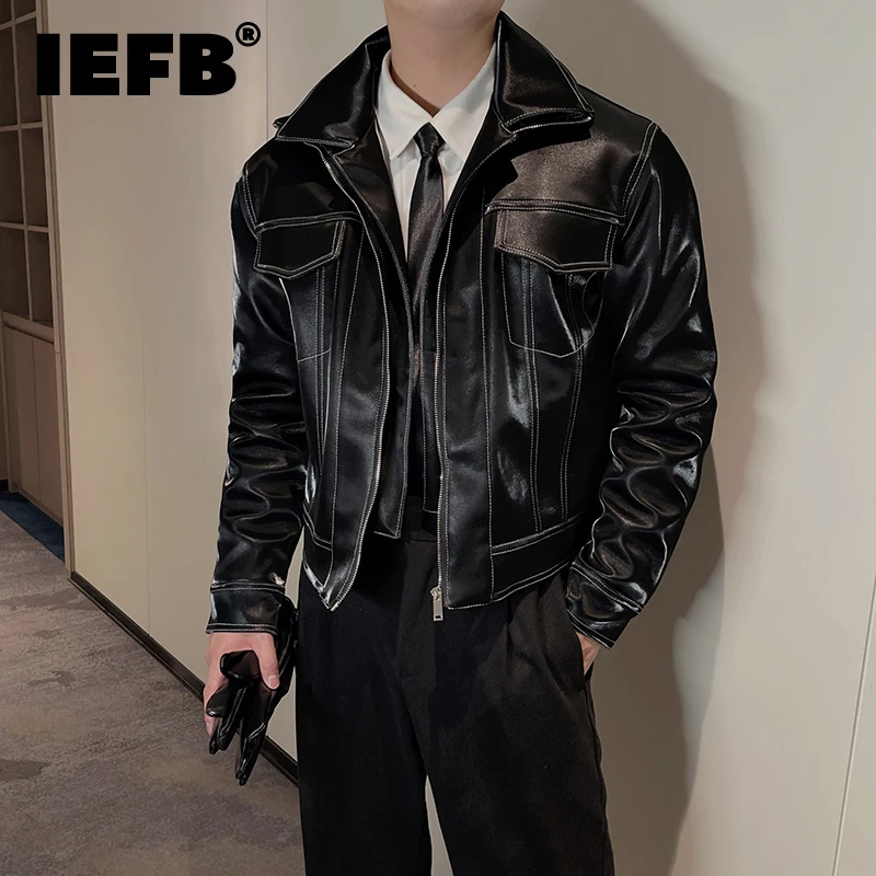 IEFB Men's Leather Jackets Autumn Winter Short Style Motorcycle Clothes Fake Two Piece Niche Design Casual Windbreaker 9C2366