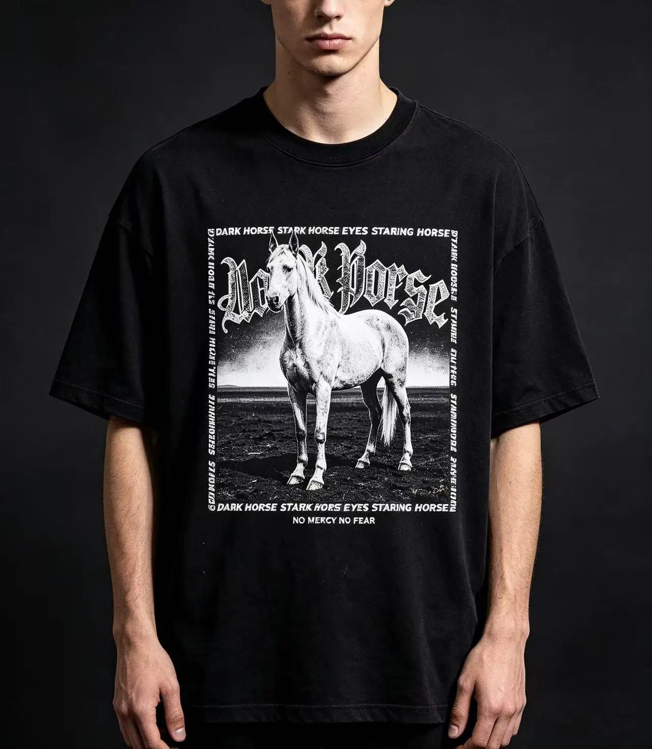 Unisex White Horse Dark Horse Gothic Graphic T Shirt Men Women Vintage Black White Portrait Border Print Oversized Crew Neck Casual Streetwear Cotton Tee