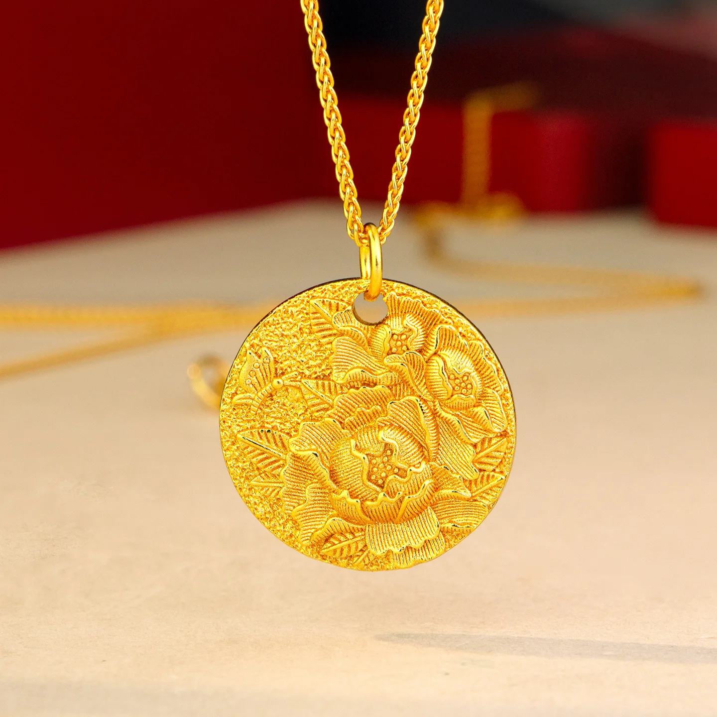 

Luxury 24K 9999 Pure Gold real gold Women's Ancient Filigold Round Embossed Peony Pendant Necklace