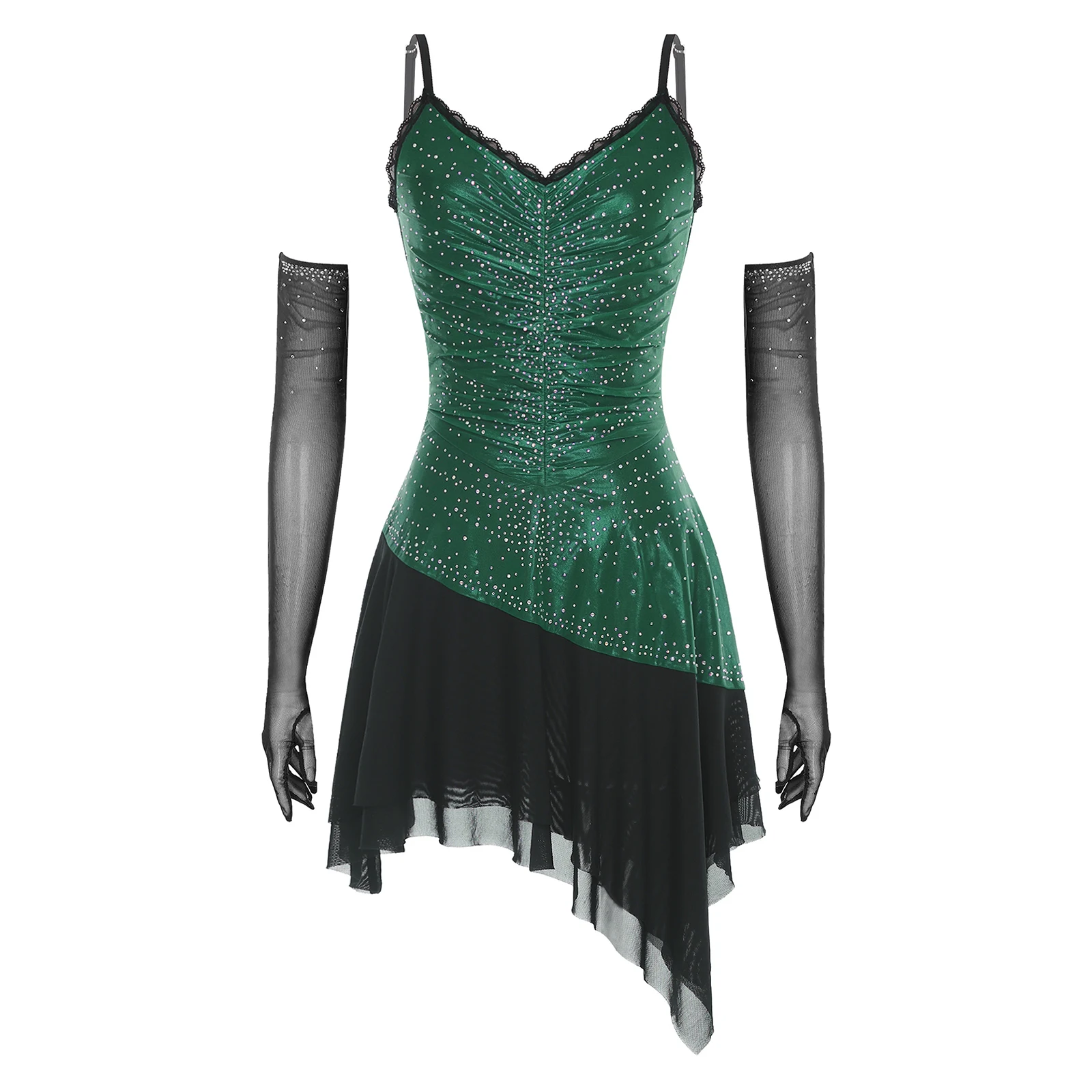 

Women Adults Jazz Latin Ballroom Dance Costume with sheer Mesh Gloves Shiny Rhinestones Tiered Dress Samba Rumba Dancewear