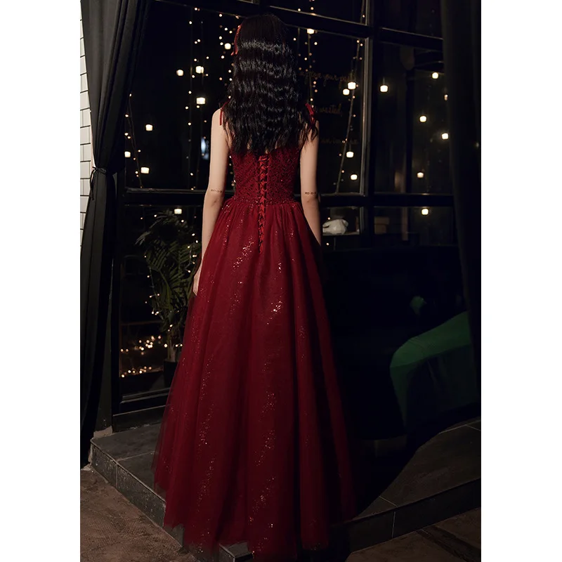 Burgundy Spaghetti Strap Evening Dress BlingBling Classic Tulle Prom Gown Elegant Lace Up Backless Long Cocktail Party Vestido