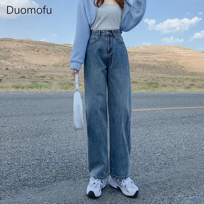 Duomofu-Jeans Vintage solto feminino com zíper, botão, coreano, clássico, reto, casual, moda feminina, simples, outono