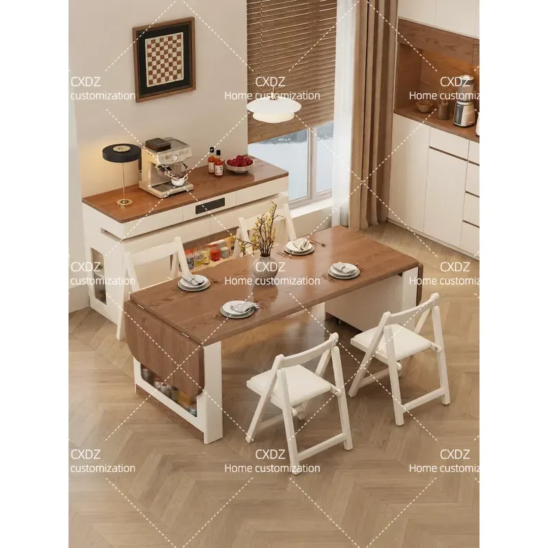 Detachable Island Dining Table with Side Cabinet Multi Functional Mobile Folding Retractable Table for Small Apartment Space