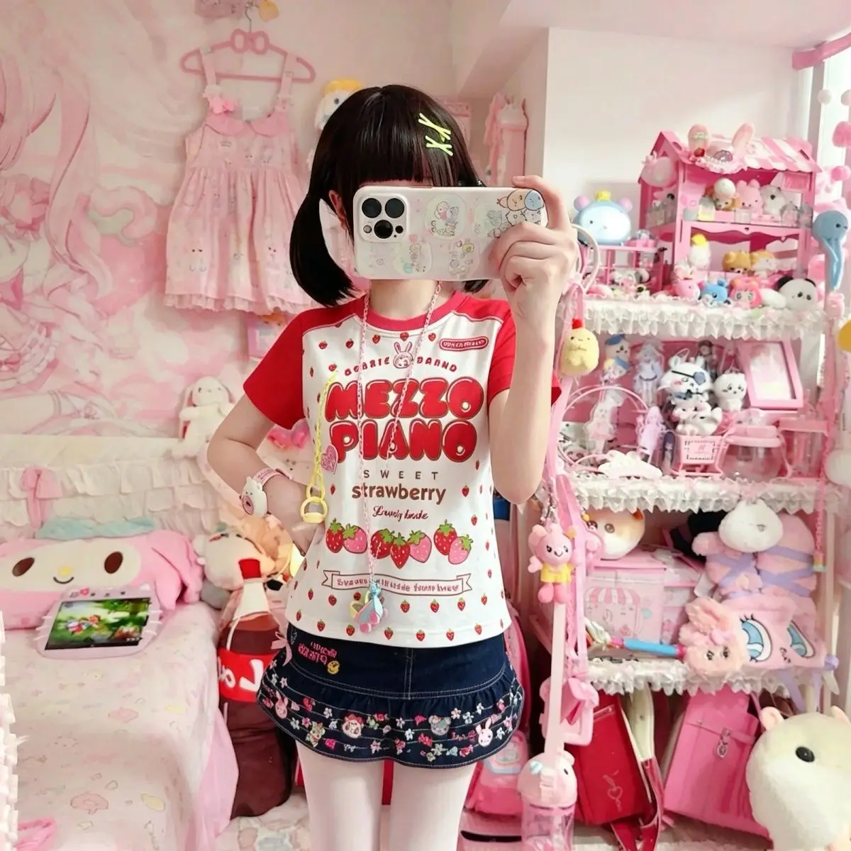 Japanese Polka Dot Cartoon Mp Jojifuku Raglan Short-sleeved T-shirt Summer Color Blocking Sweet Girl Graphic T Shirts Y2k Top