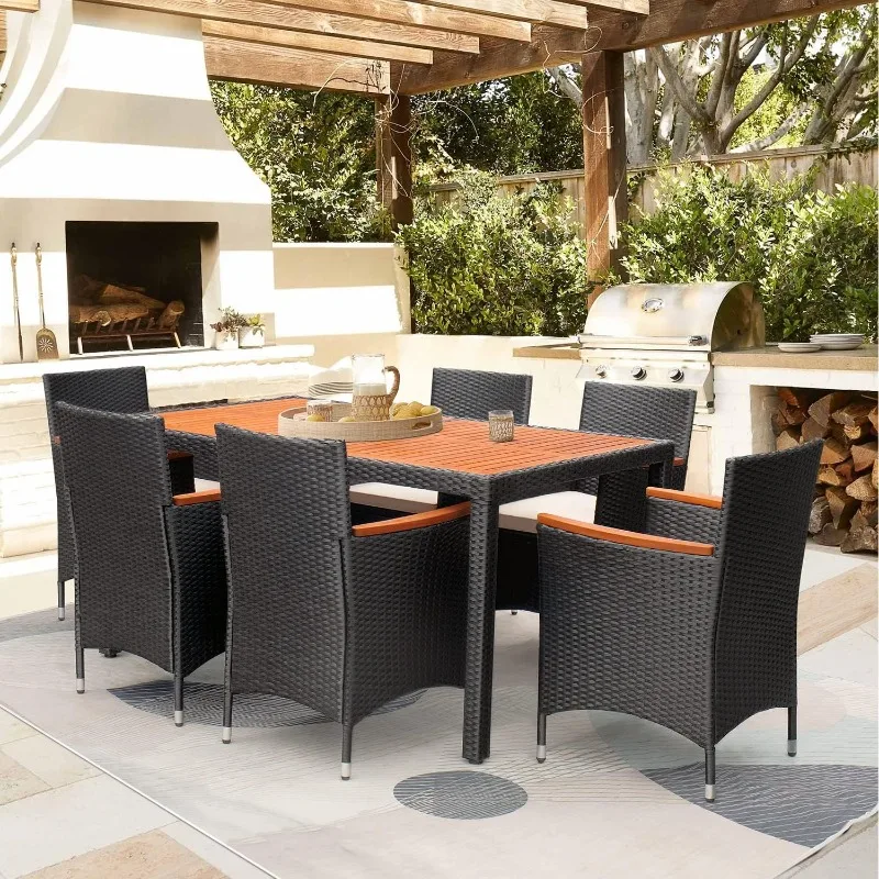 7 Piece Patio Dining Set Outdoor Acacia Wood Table and Chairs with Soft Cushions Wicker Patio Furniture for Deck, Backyard