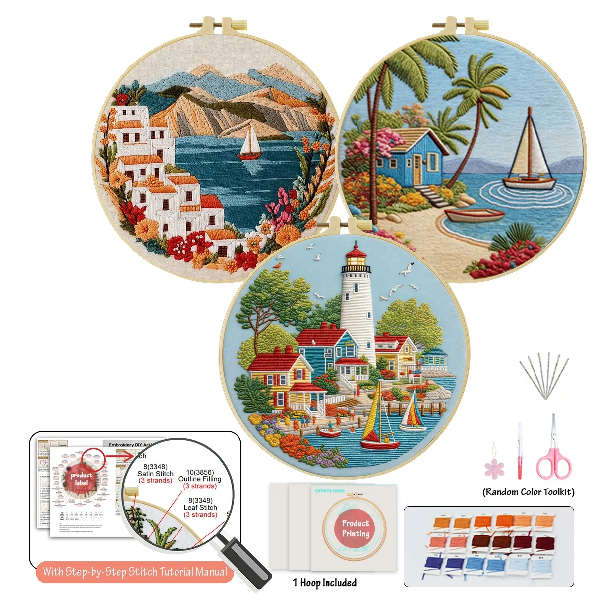3pc Of DIY Embroidery Material Kits For Beginner, Including Needles, Threads, Embroide Starter Kit Cross Stitch Art for Gift