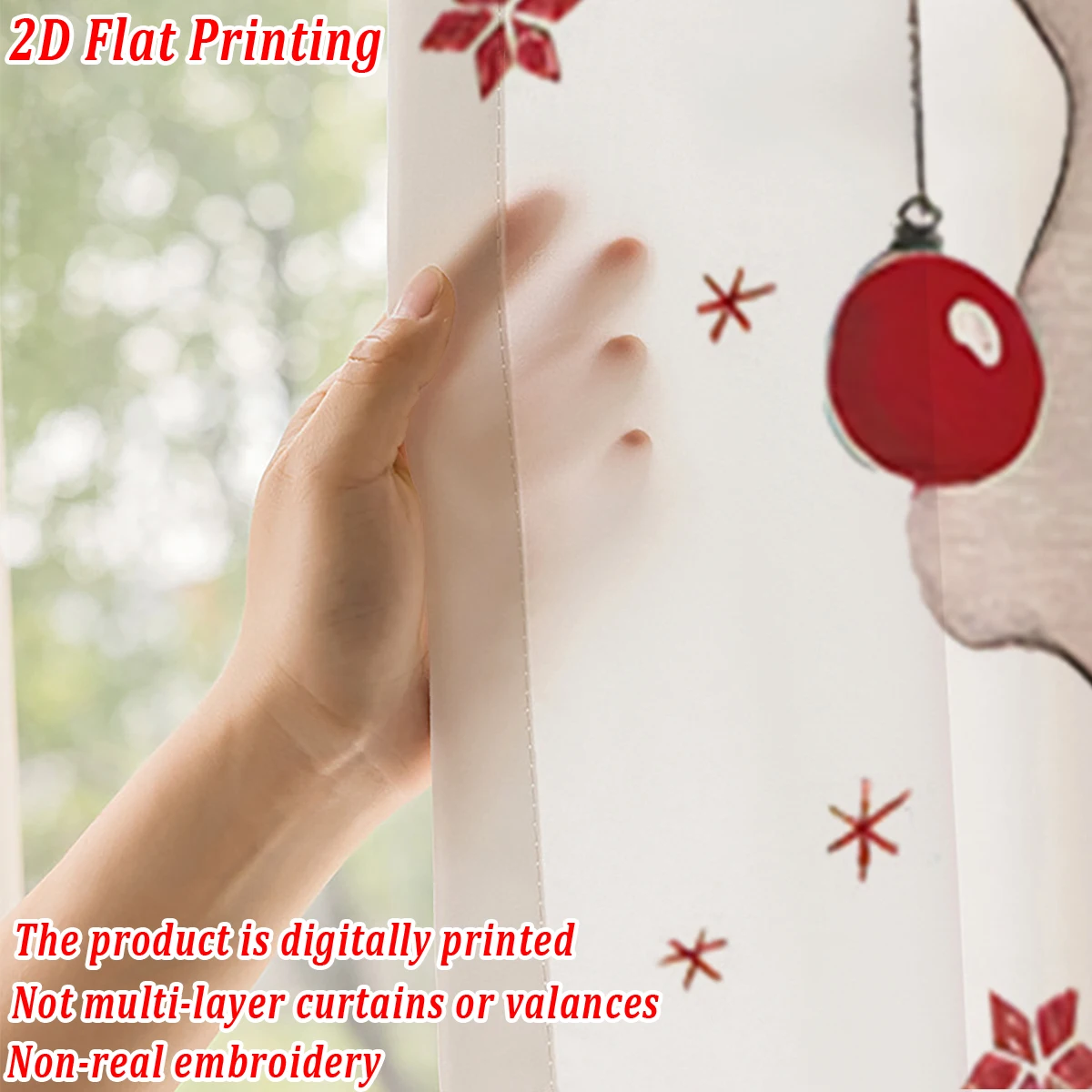 Christmas Flat Printing Sheer Curtain with Star Reindeer Bell Flowers for Living Room Bedroom Decor Holiday Party