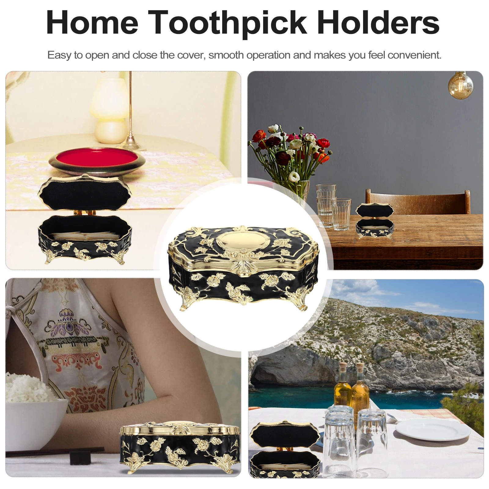 

Toothpick Box Holder Container Jar Case Black Domestic Travel Storage Small Capacity Zinc Alloy Easy Open Housewarming Gift