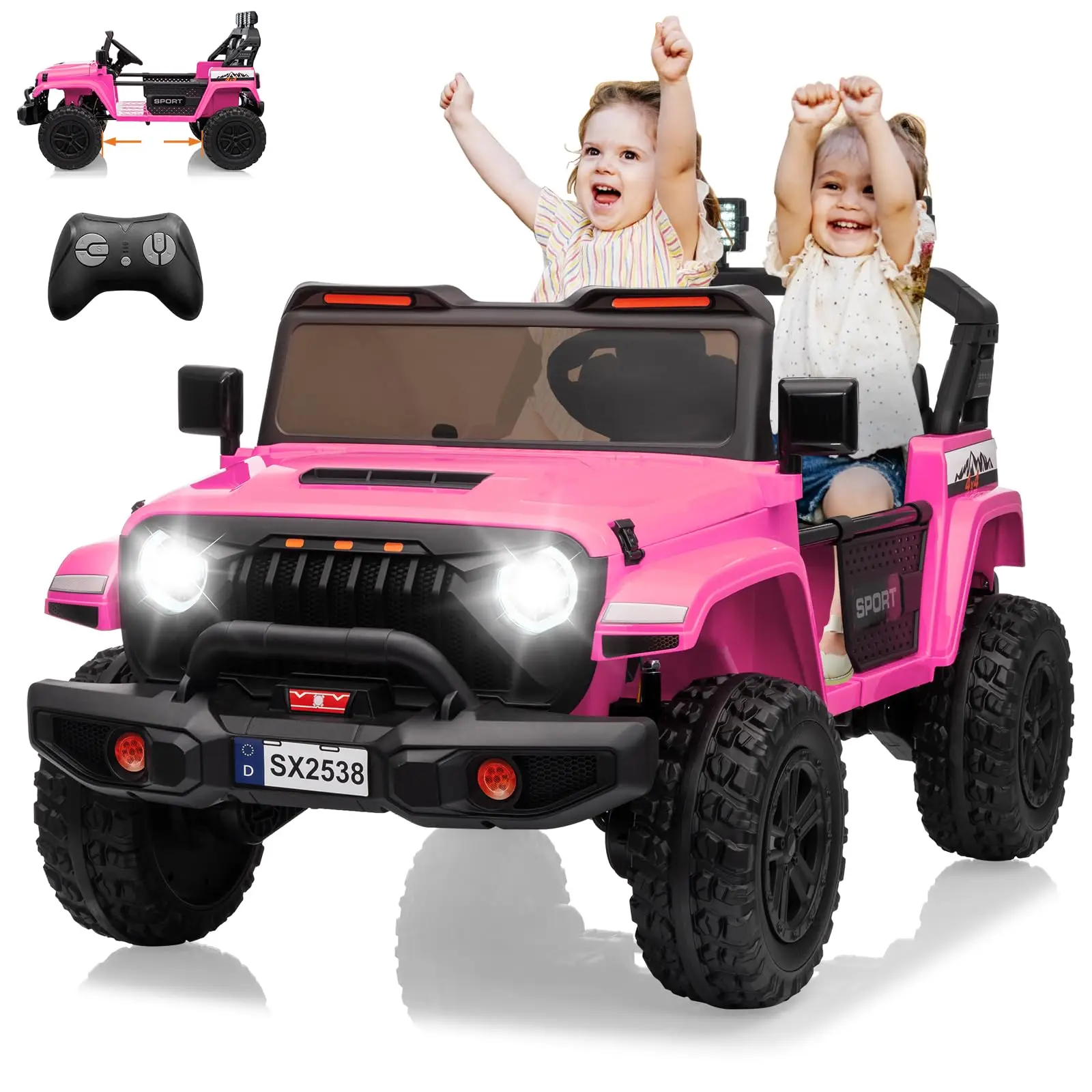 Zabawki na akumulator 24V dla starszych dzieci, dwuosobowy ciężarówka na akumulator, regulowana karoseria 4WD, elektryczny samochód dla dzieci z 3 regulowanymi prędkościami
