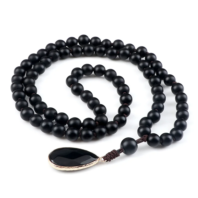Natural Stone Pendant Necklace for Men 8mm Black Matte Beads Classic Mala Rosary Knotted Long Necklaces Charm Women Yoga Jewelry