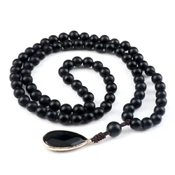 Natural Stone Pendant Necklace for Men 8mm Black Matte Beads Classic Mala Rosary Knotted Long Necklaces Charm Women Yoga Jewelry