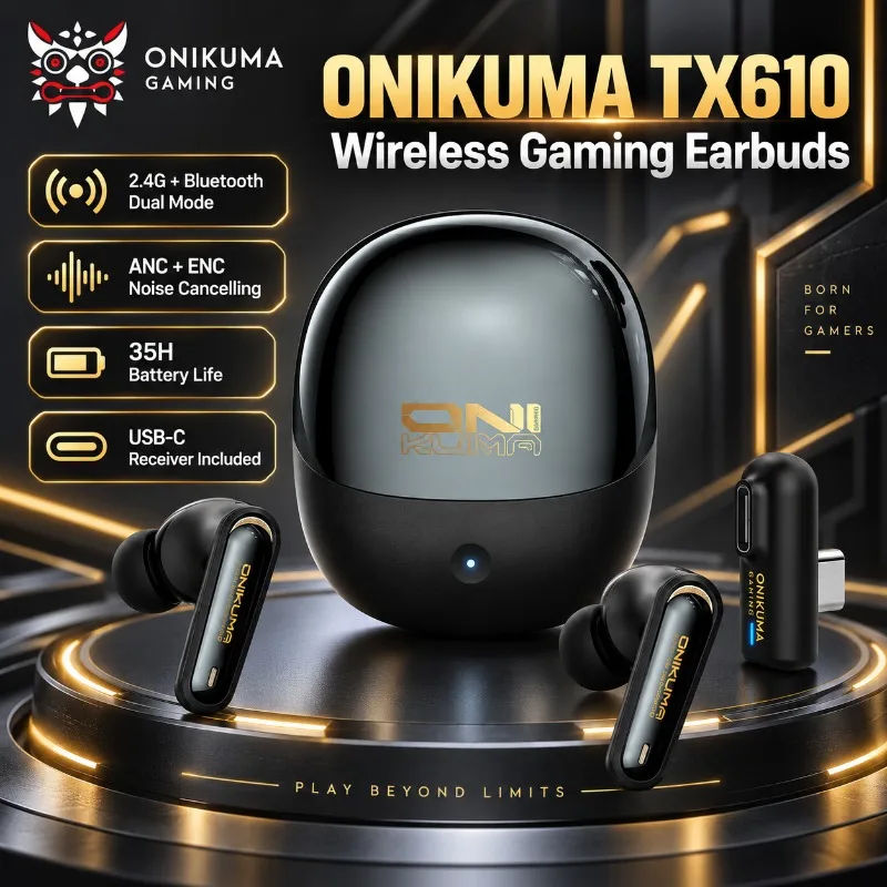 ONIKUMA TX610 Wireless Gaming Earbuds 2.4GHz Bluetooth Dual Mode ANC ENC Low Latency Headphones USB C Dongle For PC Phone Gaming