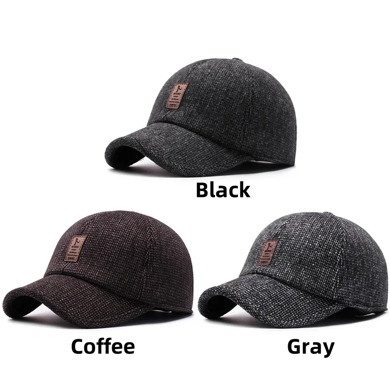 Men Autumn Winter Warm Cotton Woolen Golf Baseball Cap Outdoor Earflap Trucker Hat Middle-aged Dad Hat Ear Cover Design Warm Hat