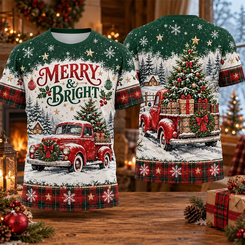 Men's Christmas 3D Print T Shirt,  Santa Holiday Tee, Christmas Tree Snowflake Graphic Short Sleeve Shirt, Festive Gift Tops