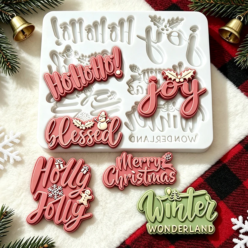 Christmas Letter Joy Blessed Holly Jolly Silicone Mold for Sugarcraft Resin Cupcake Baking Fondant Cake Decorating Tools