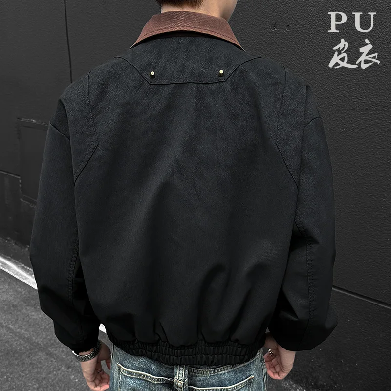 PU Jacket men 2025 autumn winter new faux leather men jacket contrast collar design short motorcycle windproof fashion trendy