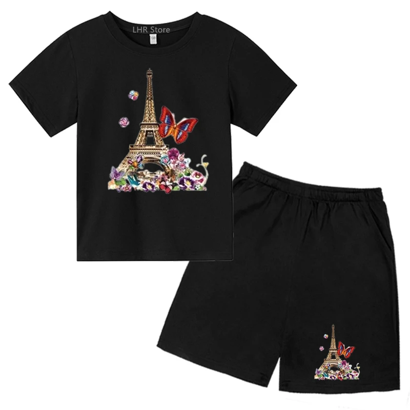 

Summer leisure Children's T-Shirt Eiffel tower fashion Suitable for Kids Tops Clothing Boys Baby Girls cotton Short Sleeve suit