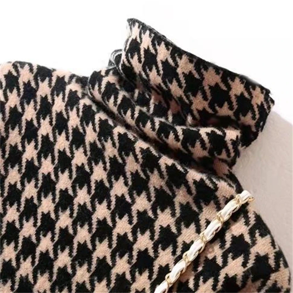 Houndstooth Turtleneck Basic Soft Loose Knitted Women\'s Sweater Korean Fashion Long Sleeve Vintage Jumpers Female Pullover 2024