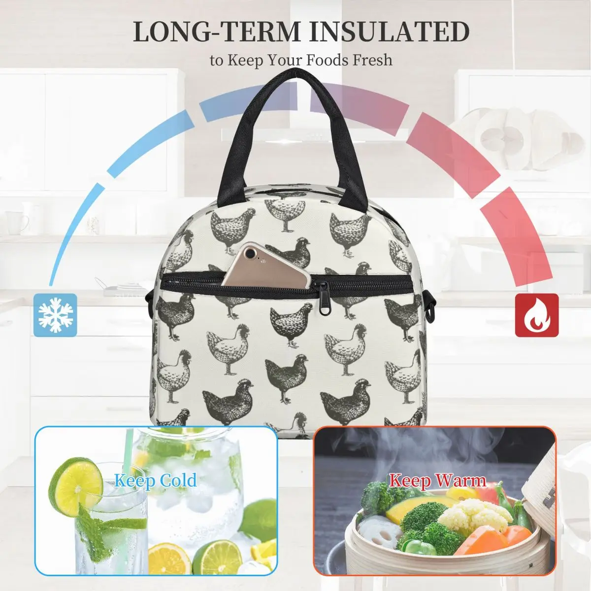 Farm Rooster Hen Large Thermal Insulated Lunch Bag With Adjustable Shoulder Strap Retro Farm Birds Portable Bento Lunch Boxes